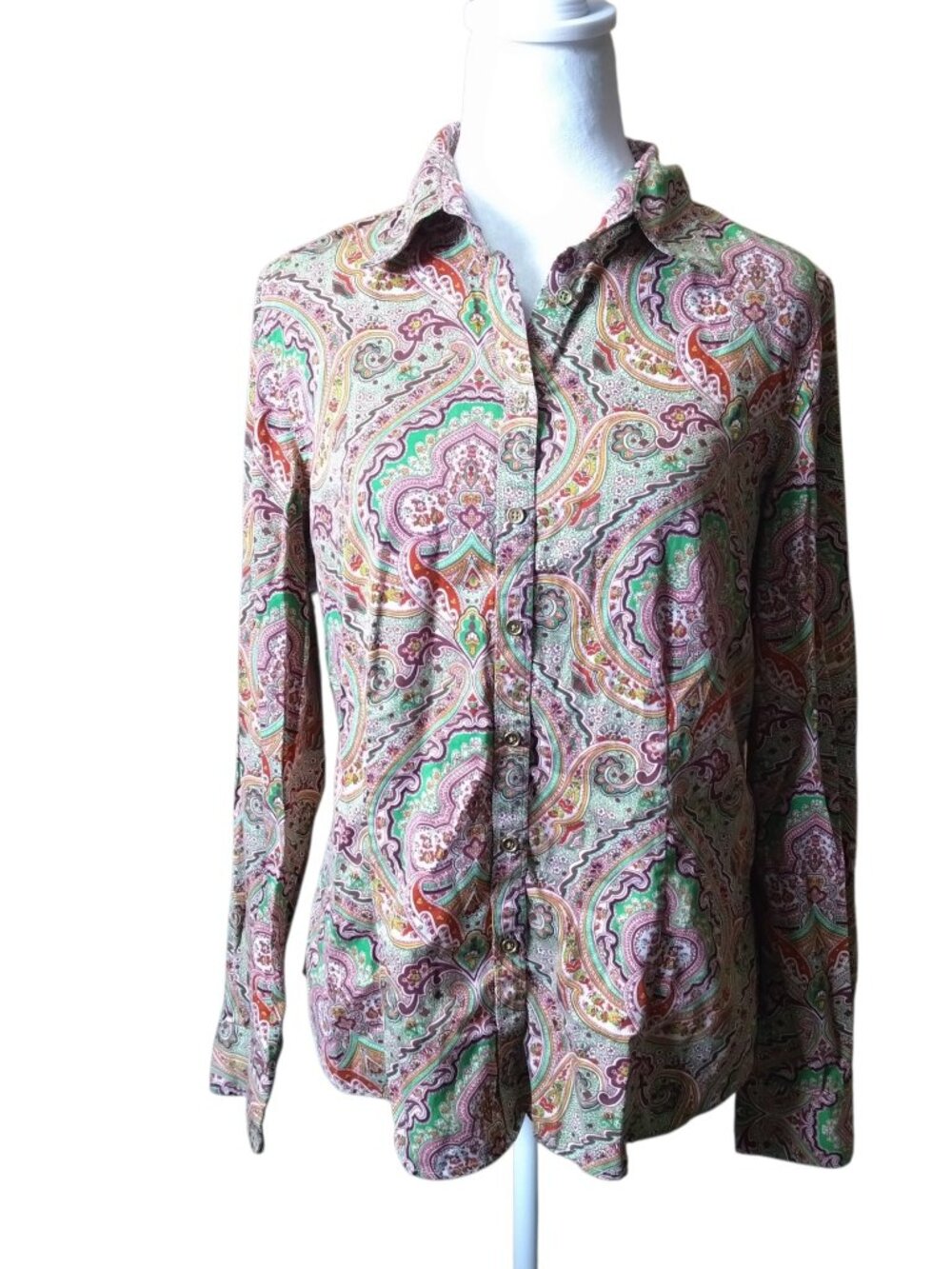 Talbots Stretch Size 12 Paisley Button Front Collared Blouse Top Boho Office